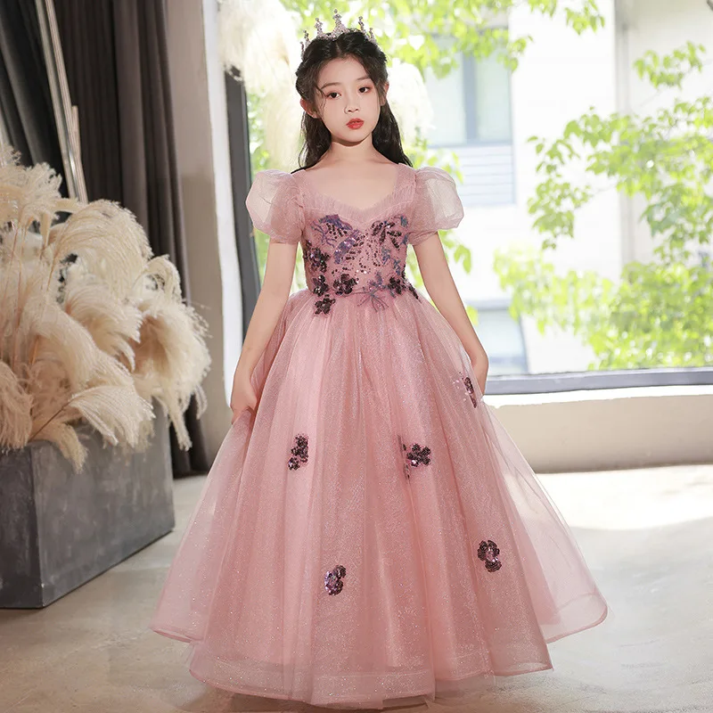 Flower Girls Dress New Fashion Children's Tull Sequin Piano Performance Dresses Cute Girls' A-line Princess Birthday Gown