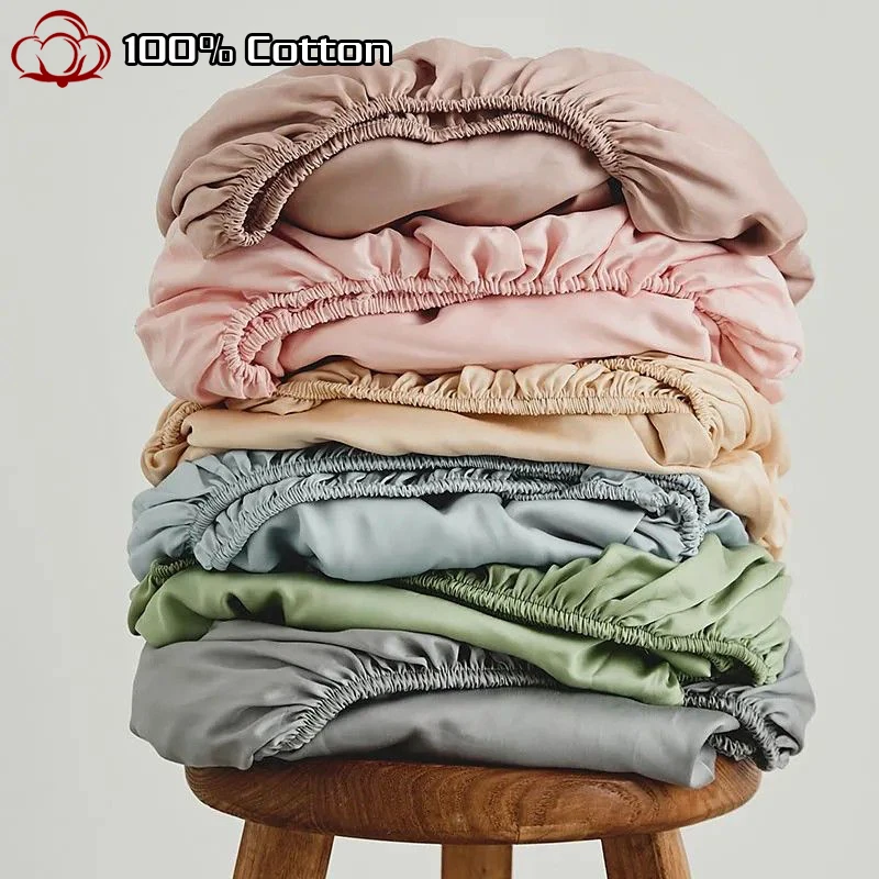 High Quality 100% Cotton Fitted Sheet Soft Breathable Mattress Cover with Elastic Bands Single/Double/King/Queen Size Bed Sheet