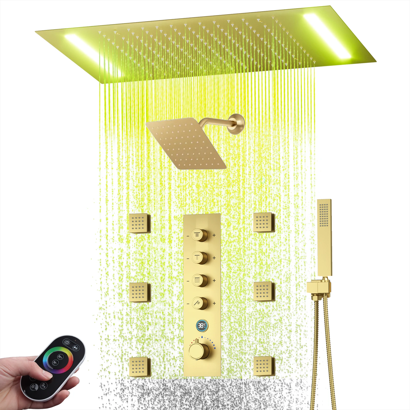 

Luxury 14x20 Inch LED Shower Head Ceiling Mount Thermostatic Shower System Brushed Gold Digital Display Shower Faucet Set