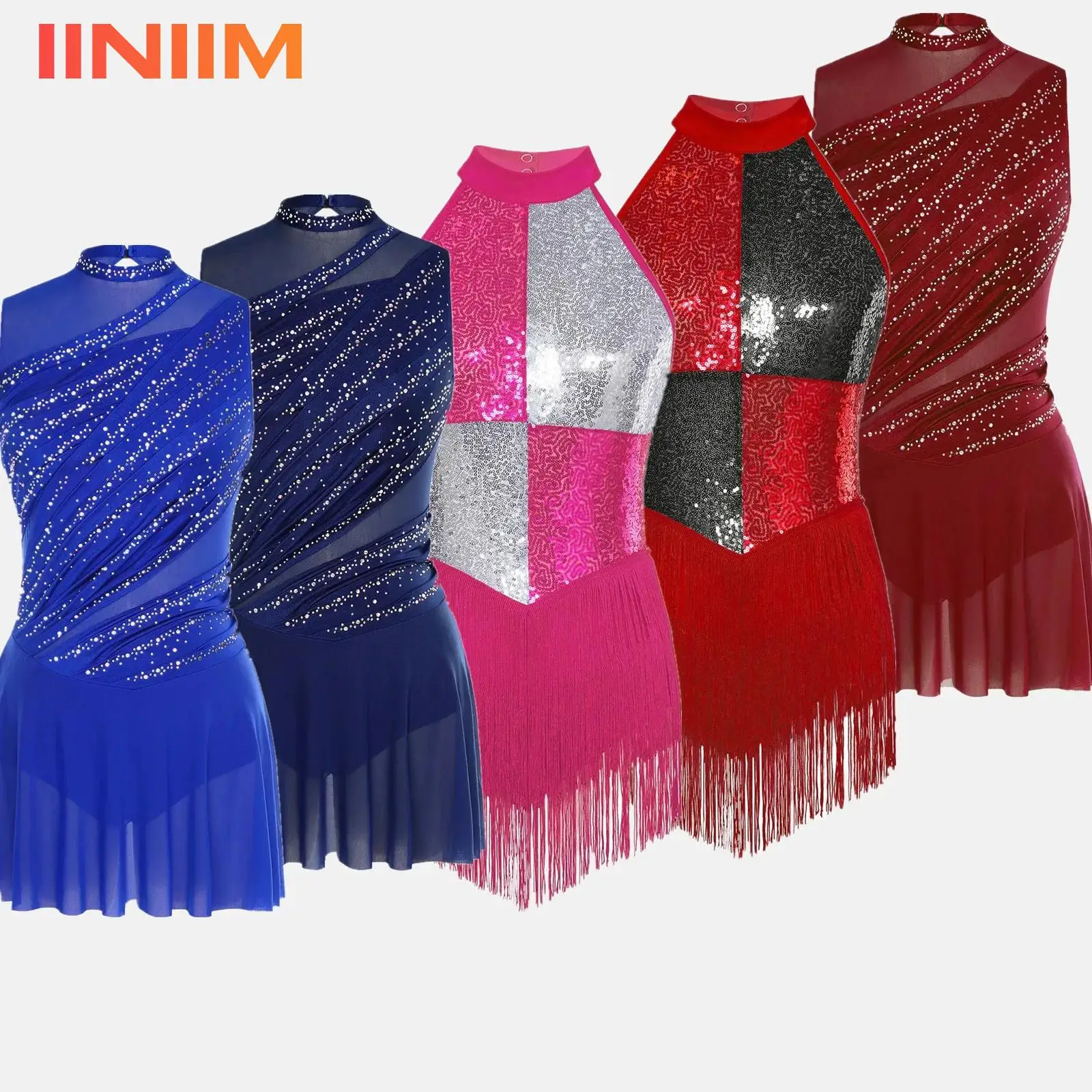 Womens Shiny Rhinestone Gymnastics Figure Skating Dresses Ballet Jersey Lyrical Dance Performance Costume Ruched Dance Dress