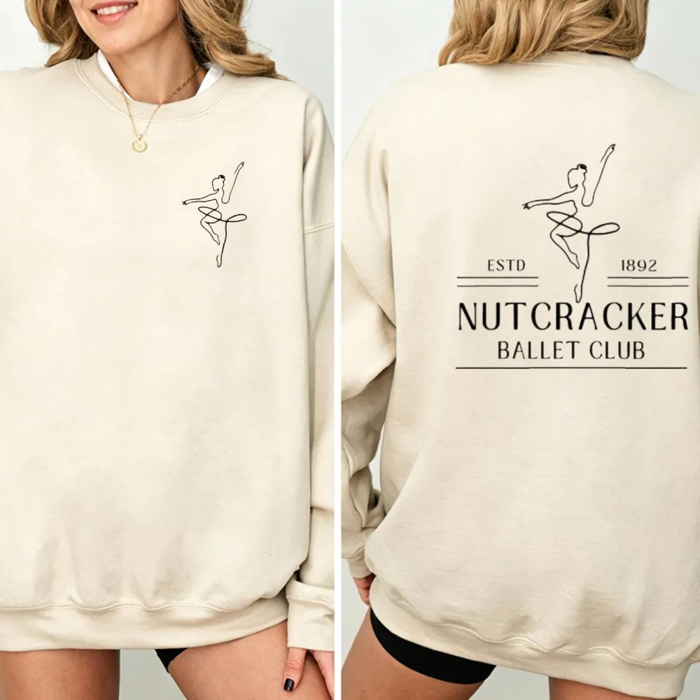 Sudadera con cuello redondo del Club de Ballet Cascanueces ESTD 1892, estampado frontal y trasero con arte minimalista de bailarina, suéter gráfico informal.