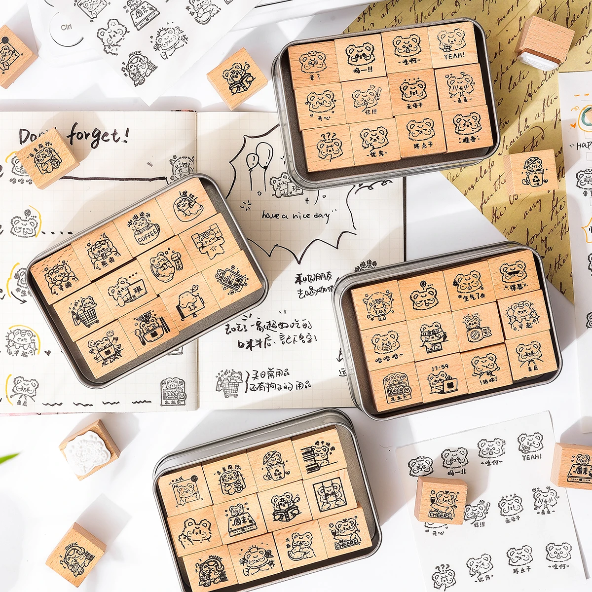 

12pcs/box, creative animal pattern wooden stamp for scrapbook and journal card decoration, a wonderful gift for friends