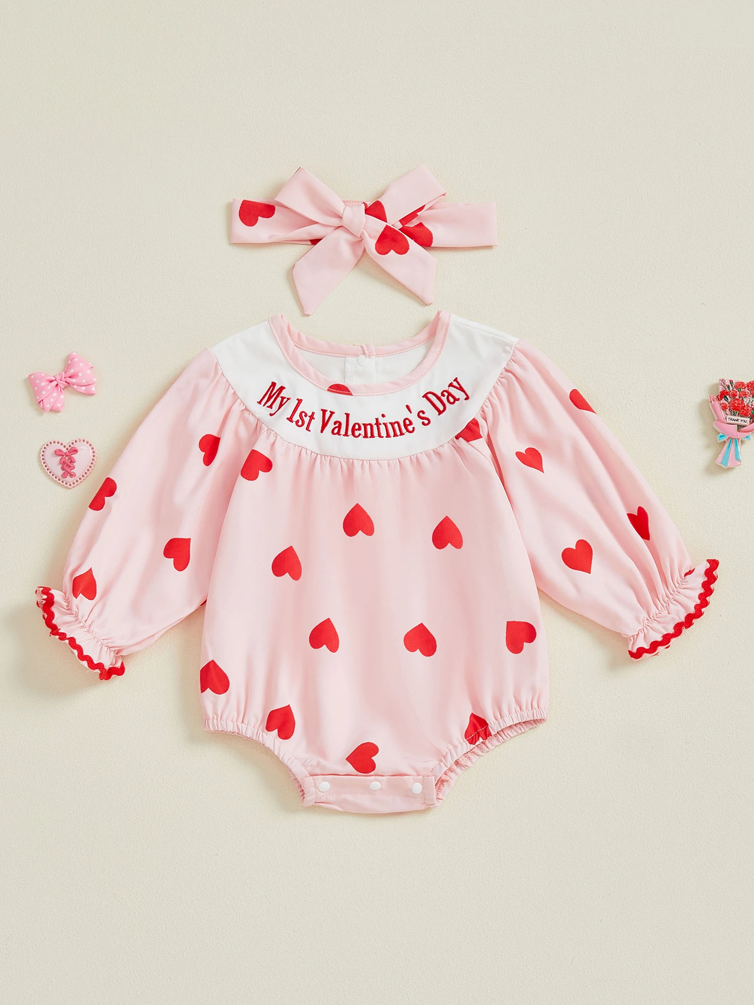 

Adorable Baby Boy Valentine Romper with Heart Print and Letter Embroidery Long Sleeve Infant Jumpsuit with Matching Headband