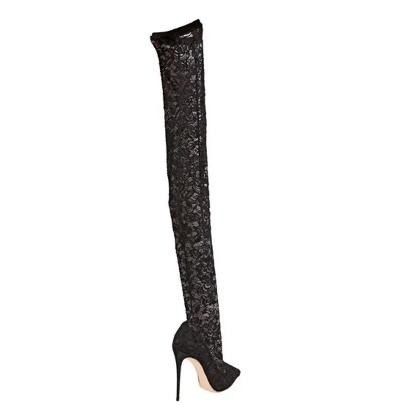 New Arrival Handmade Ladies Stiletto High Heels Design Black Stretch Lace Over-knee Boots Pointed Toes Summer Fashion Sexy Boots