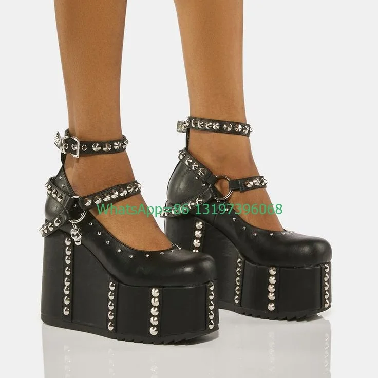 

Lady metal studded design gothic platform shoes buckle strap spiked punk platform Y2K footwear size 35-46