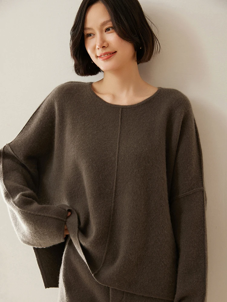 Women's 100% Cashmere Sweater O-neck Loose Long Sleeve Pullover Autumn Winter Base Cashmere Knitwear Soft Warm Comfy Clothing