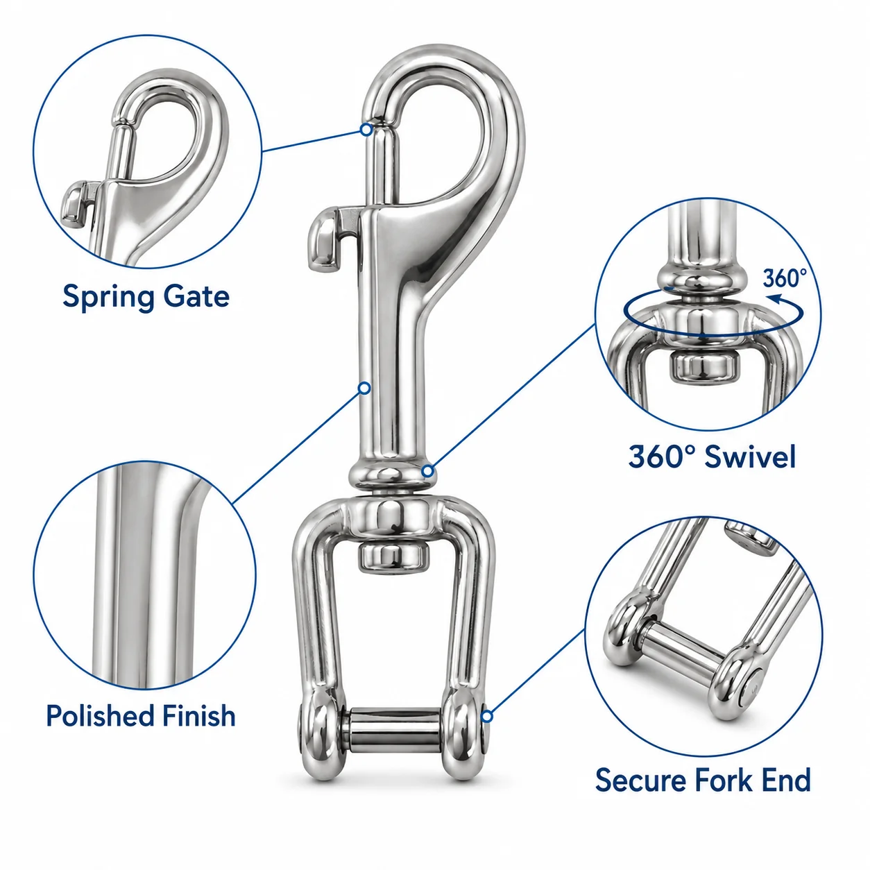 316 Stainless Steel Fork Swivel Snap Hook, Heavy Duty Spring Clip Diving Buckle for Marine Boat Yacht Scuba Gear Accessories