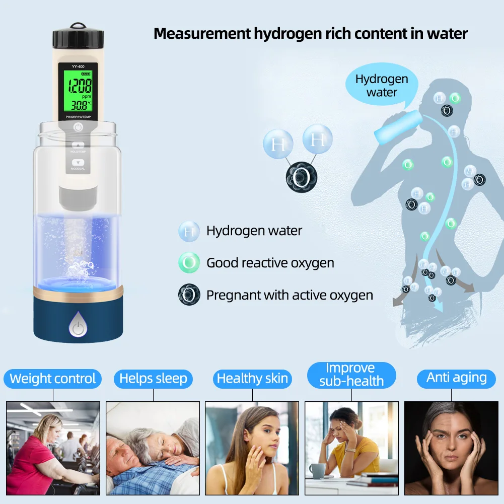 Yieryi Hydrogen Water Tester Monitor 4 in 1 H2 PH ORP TEMP Meter Reactive Oxygen Analyzer ATC 0-2400PPb for Aquariums Pools Spa