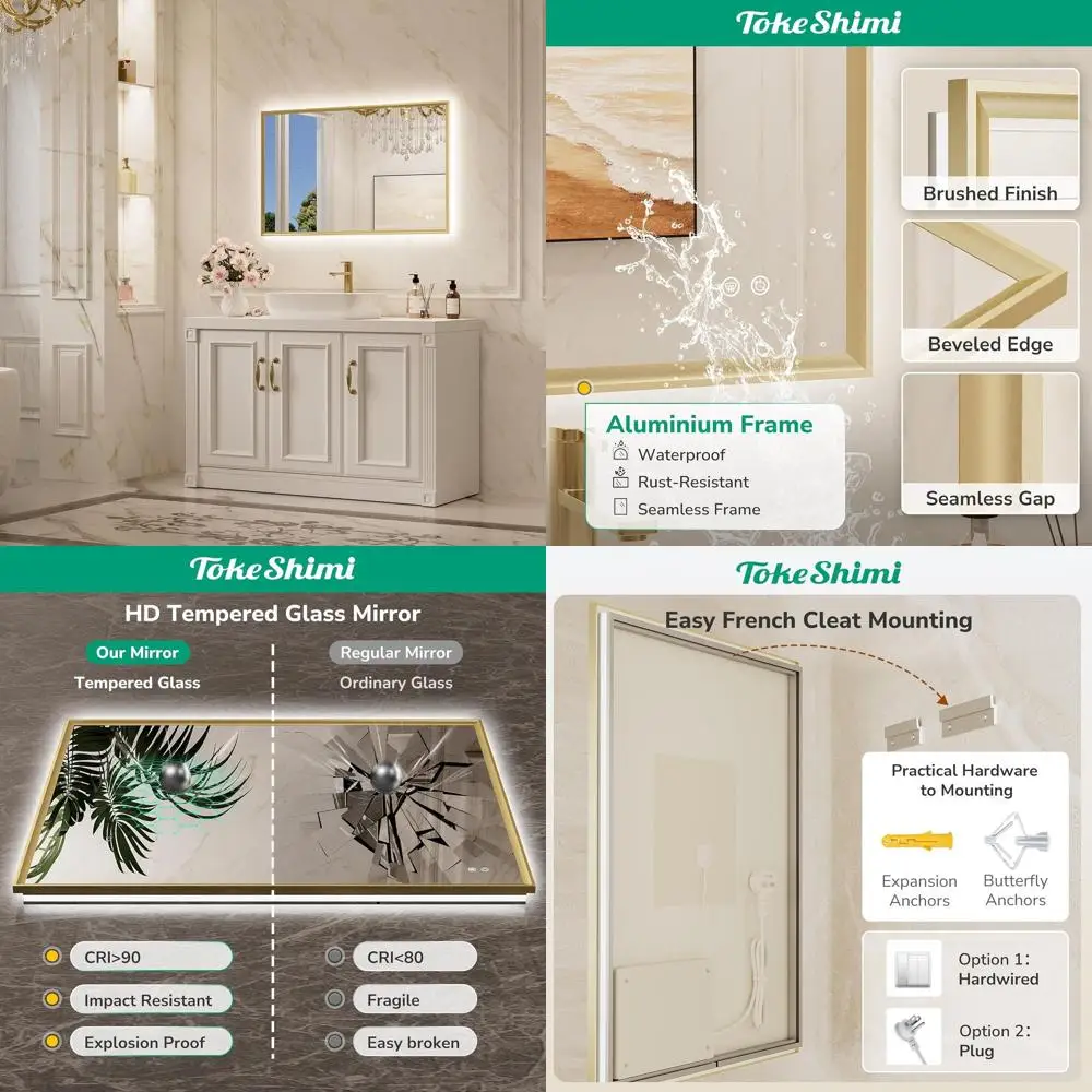 

Зеркало для ванной с LED-подсветкой 40x24 дюймов, с золотой окантовкой, регулируемой яркостью, 3 цветовыми режимами, ударопрочное, с функцией памяти, с защитой от запотевания, HD-стекло