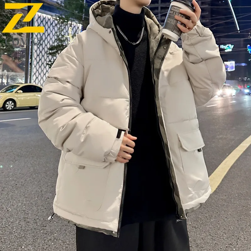 COMXZ Winter Men Puffer Jacket Thickened Loose Fit Trendy Plus Size Cotton-Padded Down Coat Hood Camouflage Patchwork Outerwear