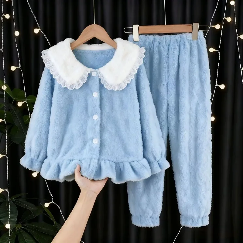 

Kids' Coral Fleece Pajamas Thickened Winter Version Princess Design Thermal Home Wear for Tween Girls