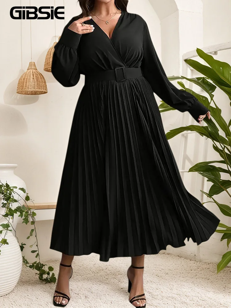 

GIBSIE Plus Size Black Surplice Neck Belted Pleated Dress Women 2025 Autumn and Winter Office Ladies A-line Elegant Long Dresses