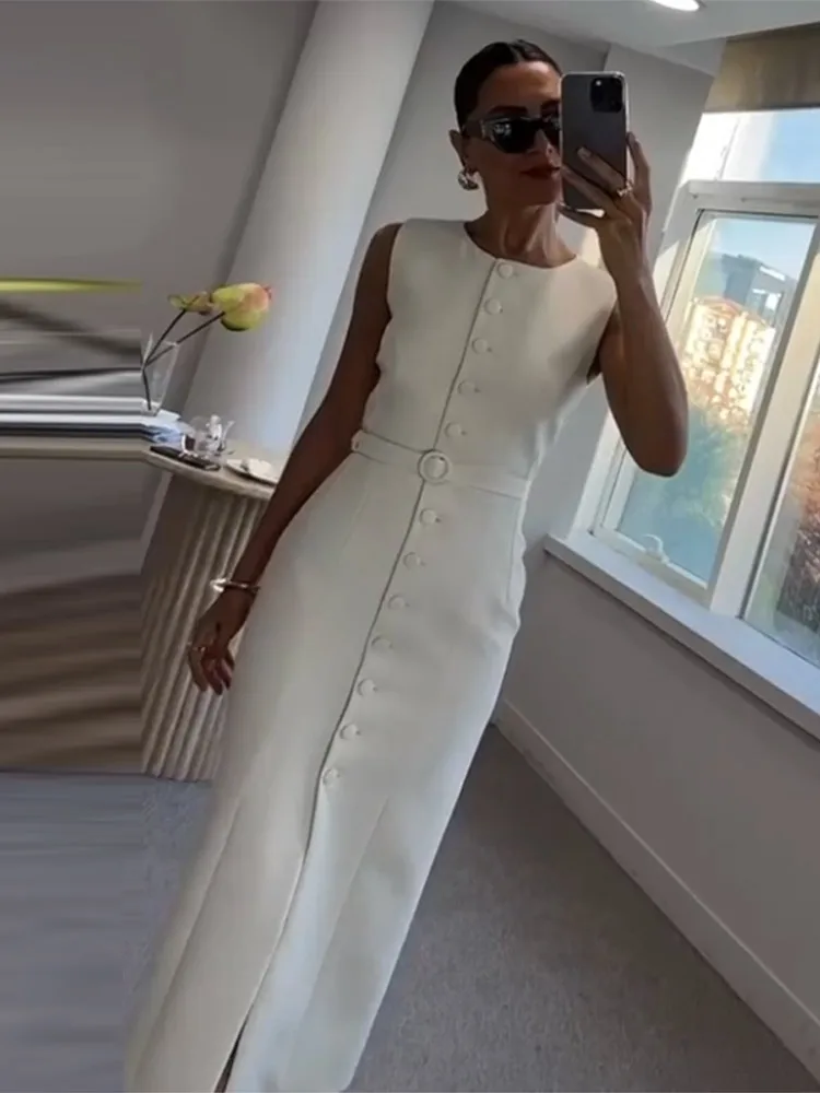Vestido largo de verano para mujer, informal, sencillo, liso, sin mangas, cuello redondo, un solo pecho, cintura cortada, con cordones, vestidos de playa 2025