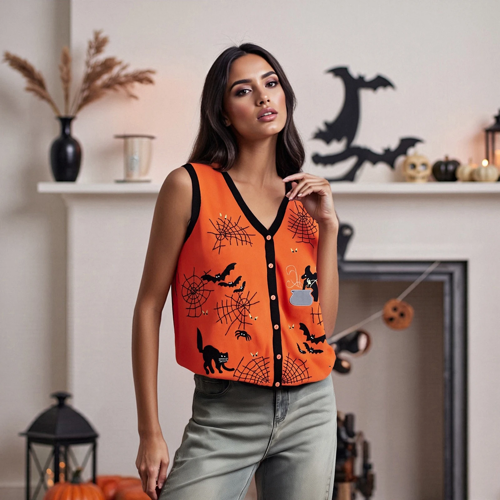 Dames Halloween vest vest vintage mouwloze V-hals knop omhoog heks kat borduurwerk tops