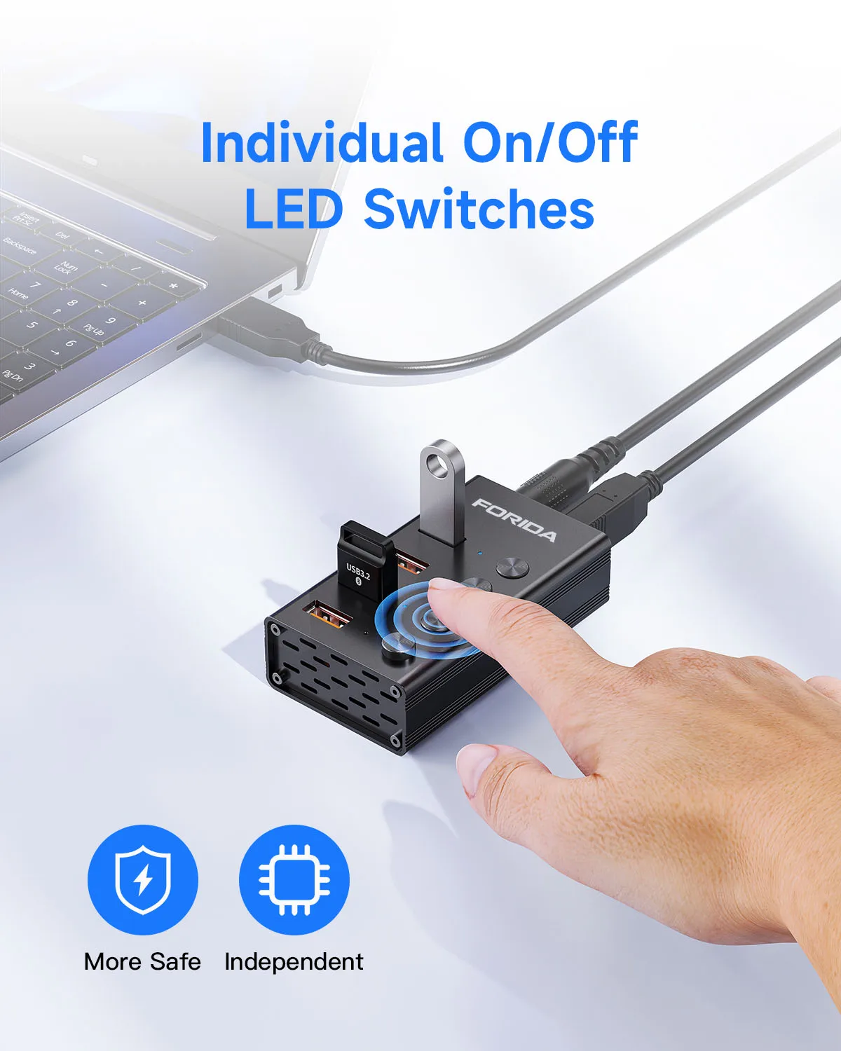 FORIDA USB 3.2 Hub 10Gbps 4 Ports USB Splitter with 3.3ft Long Cable LED Switches 5V Power Adapter for Laptop  MacBook