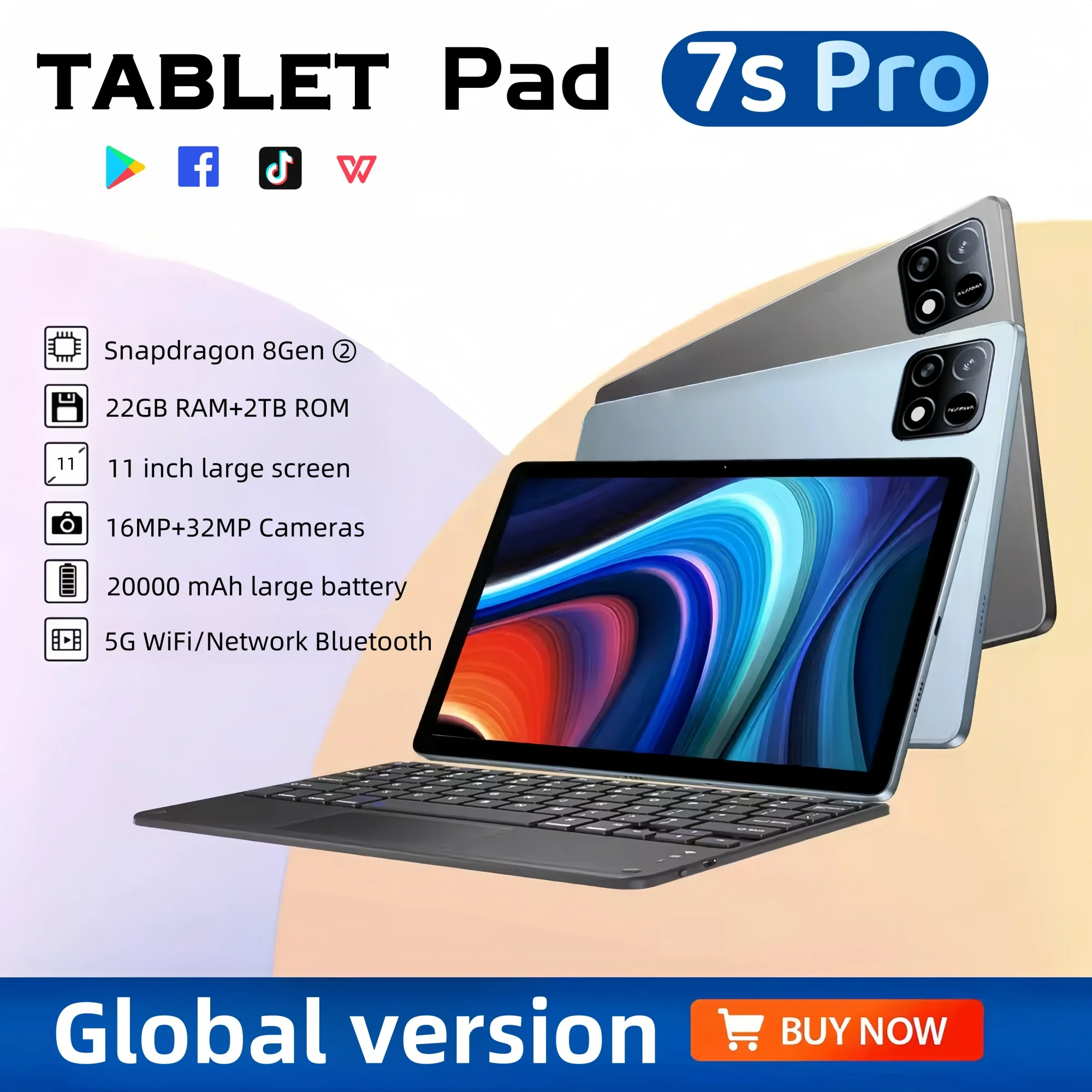 Original Pad 7S Pro Tablet PC Android14 Snapdragon8 Gen2 11Inch HD 22GB+2TB 20000mAh 5G Dual SIM Bluetooth WiFi GPS Tables