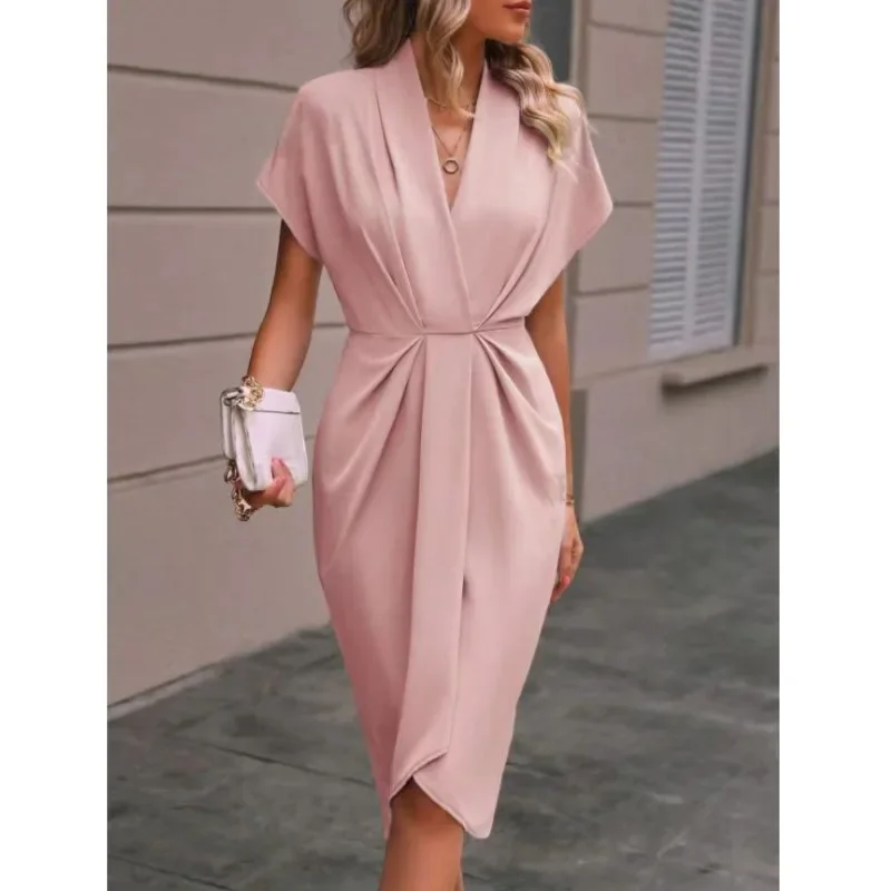 Women Elegant Short Sleeve Midi Dress New Spring Summer Sexy Deep V Neck Draped High Waist Office Party Boho Long Dresses