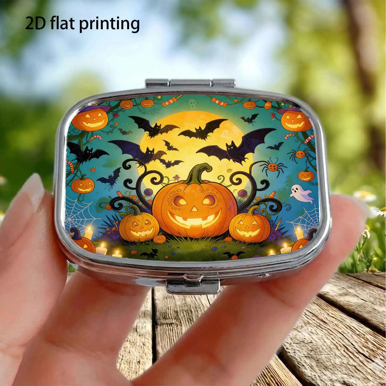 1Pc, Flat, Cartoon Halloween Pumpkin, Bat, Ghost, Spider, Full Moon Illustration Pattern, Square Two-Compartment Small Pill Box, Portable Medicine Storage, Small Jewelry Storage, Suitable for Handbags or Travel, Holiday Gifts, Souvenirs, Prizes, Small Gifts, Suitable for Personal Use or as an Exquisite Gift
