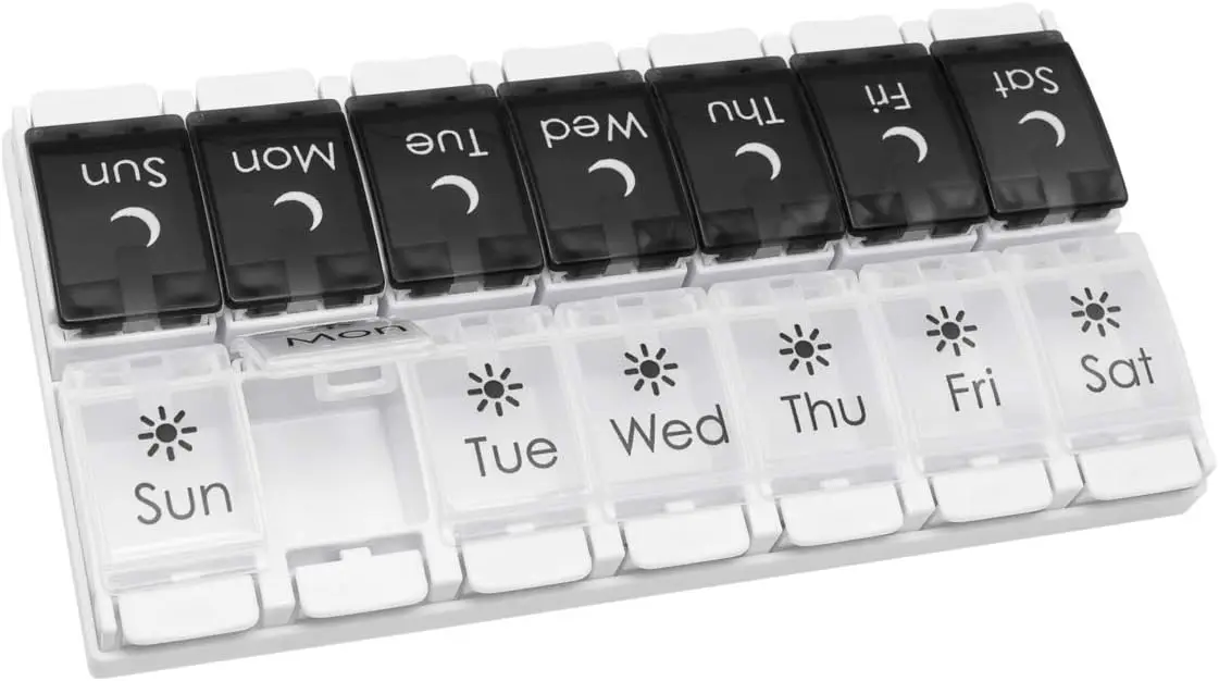 

Push Button Pill Case, 7-Day, 2 Times Daily AM/PM, Removable Trays, Large Compartments, Arthritis Friendly, BPA Free