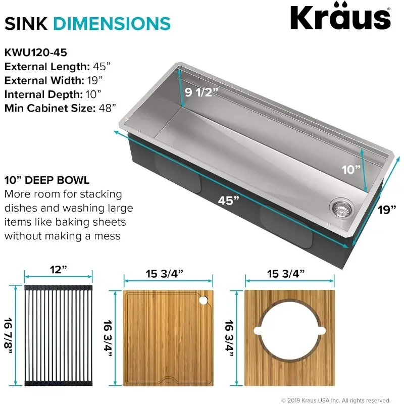 KWU120-45 Kore 2-Tier Workstation 45-inch Undermount 16 Gauge Single Bowl Stainless Steel Kitchen Sink with Integrated