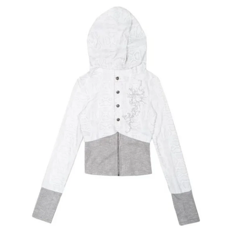 Spring Autumn Patchwork Jacket Zip Sweatshirt Women's Vintage Knitted Hooded Sweatshirt Jacket Y2K Spice Girls Slim Short Top