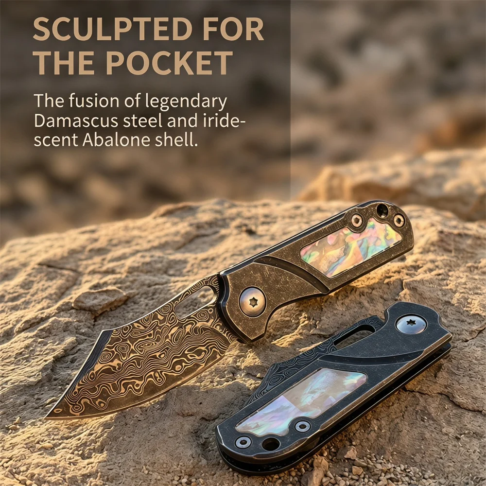 Exquisite Damascus Steel Folding Knife – Durable 420 Steel Frame, Elegant Mother-of-Pearl Inlay Outdoor Camping Everyday Carry