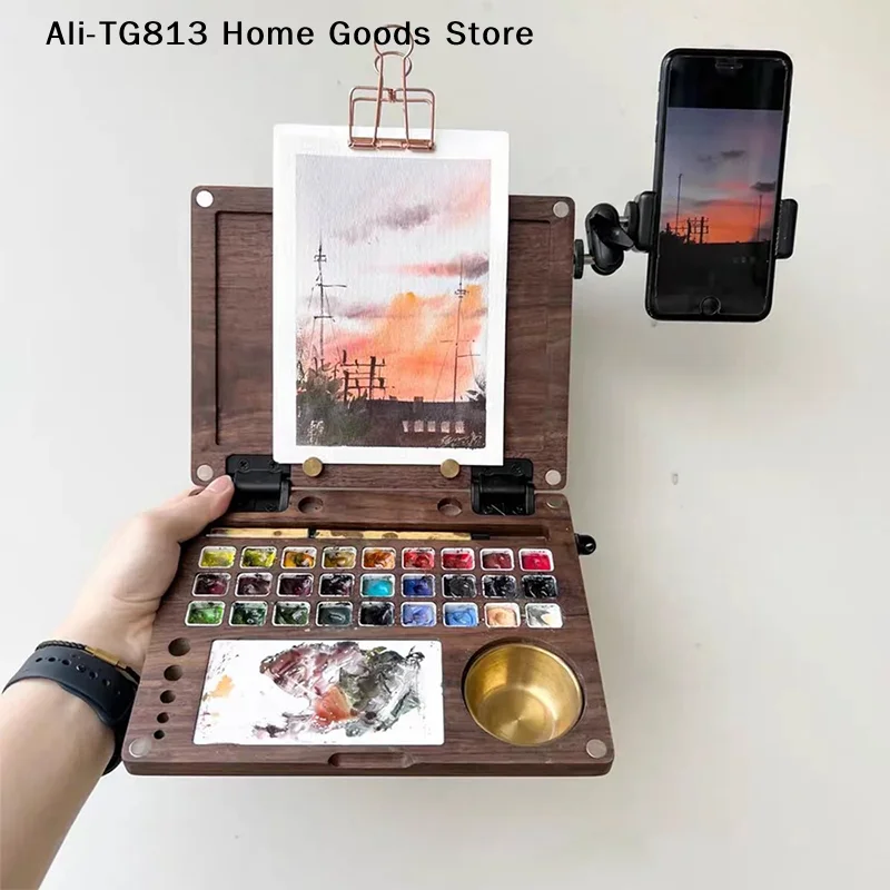 

[TG813]Wooden Color Palette Foldable And Strap Compatible Outdoor Portable Sketching Oil Painting Watercolor Pigment Box