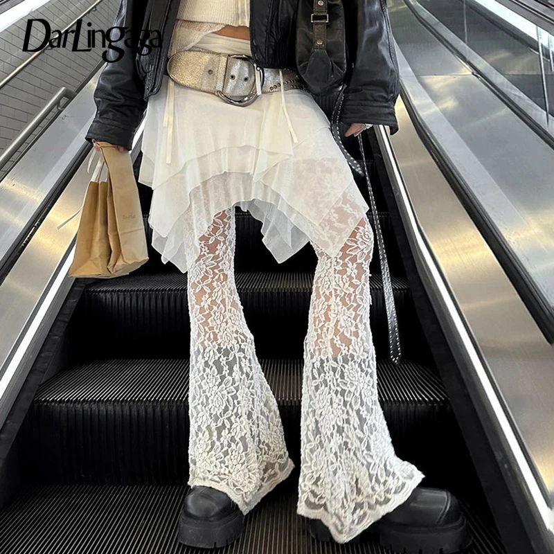 

Darlingaga Fashion Y2K White Lace Trousers See Through Ruffles Patchwork Tierred Vintage 2000s Flared Pants Female Hottie Bottom