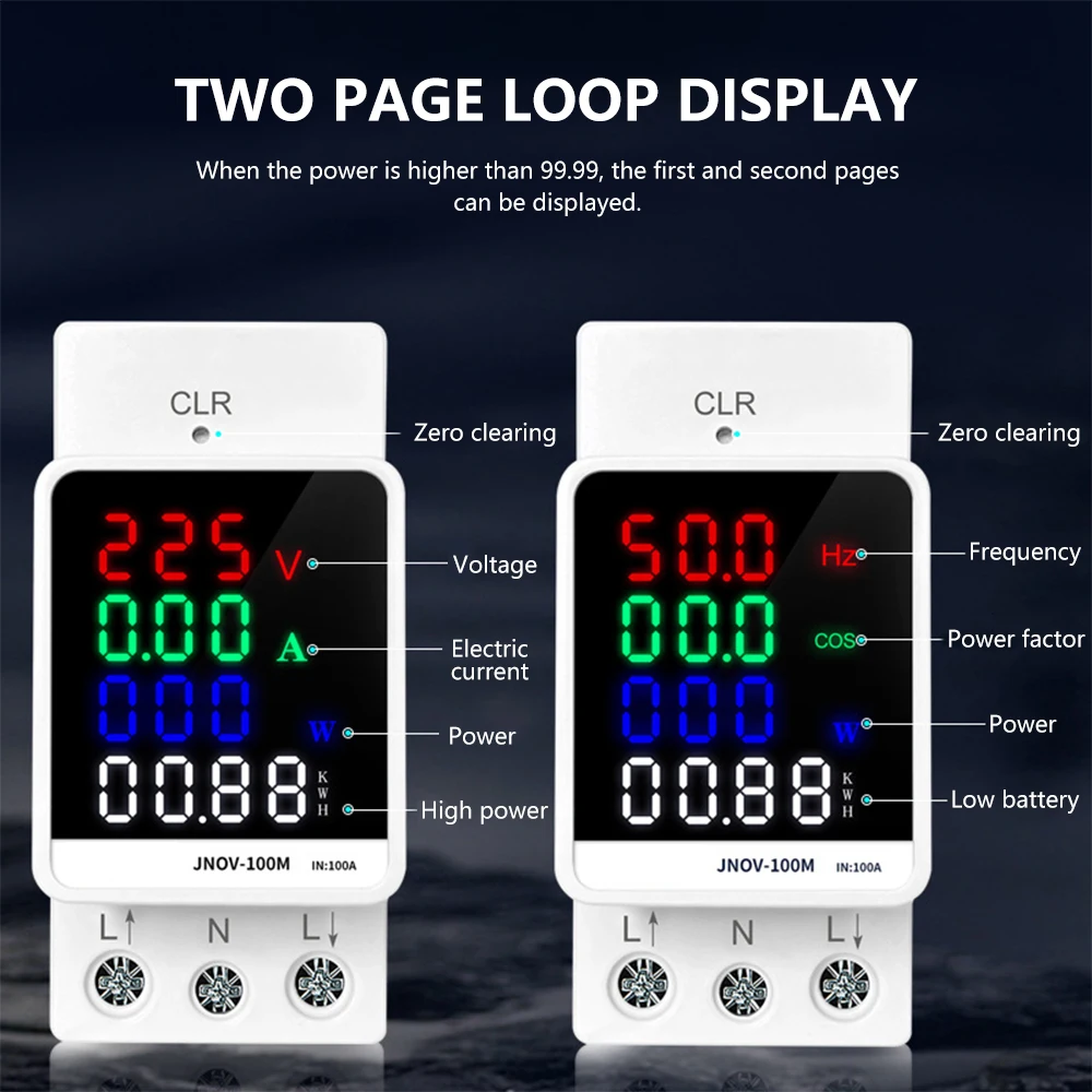 6IN1 Din Rail AC 70-270V 100A Voltage Current KWH Electric Energy Frequency Monitor Meter Voltmeter Ammeter Wattmeter 110V 230V