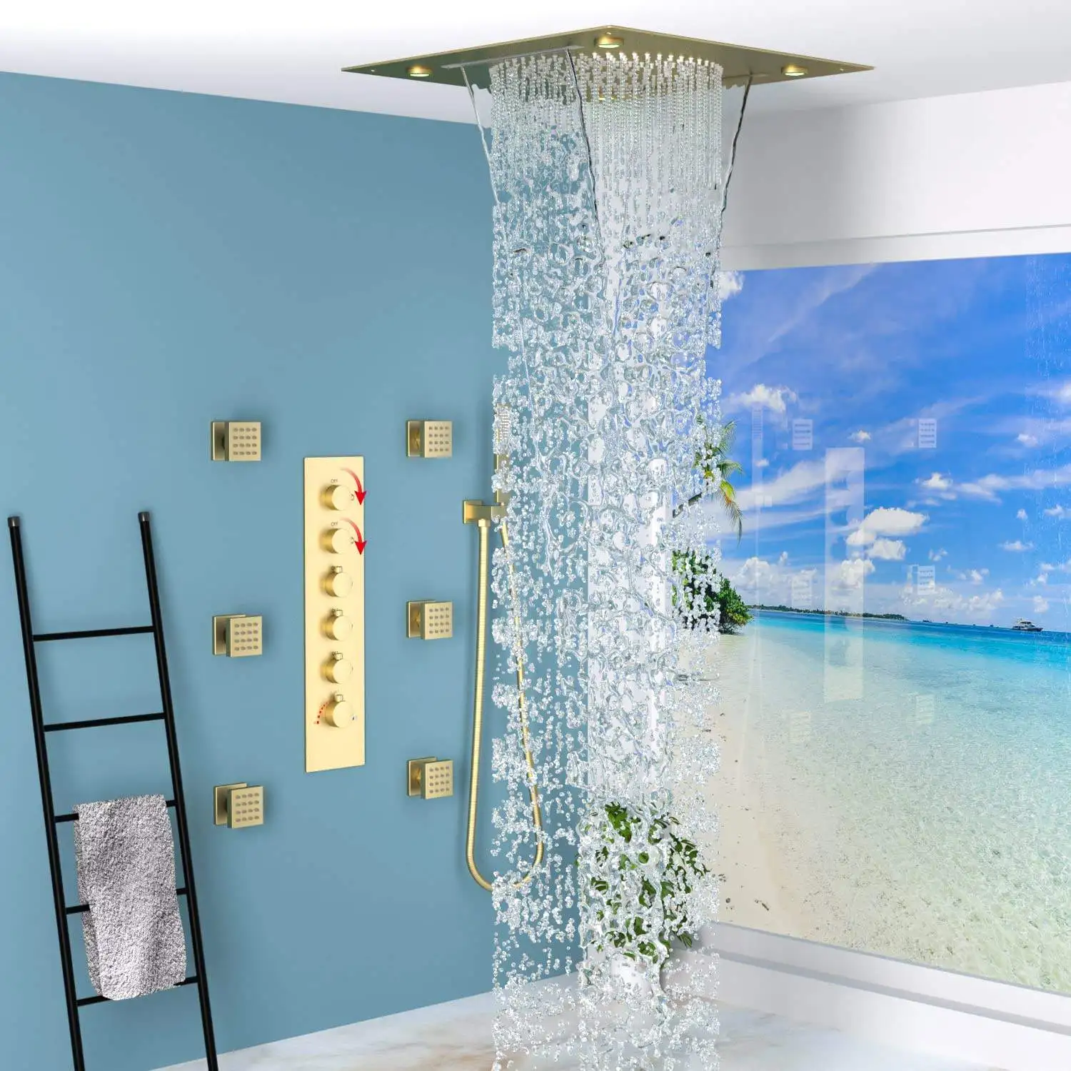Ceiling Mounted Modern Style Stainless Steel 20 Inch LED Rainfall Waterfall Shower System Set Ceramic Valve Square Shower Head