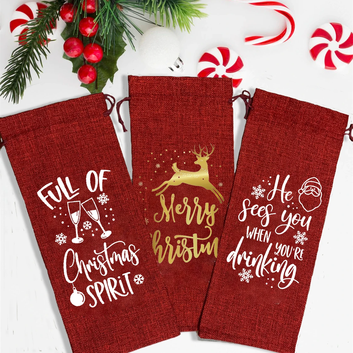 Merry Christmas Print Burlap Wine Bag Christmas Gifts for Friend Family Xmas Party Decor Bottle Drawstring Bags Bottle Pouches