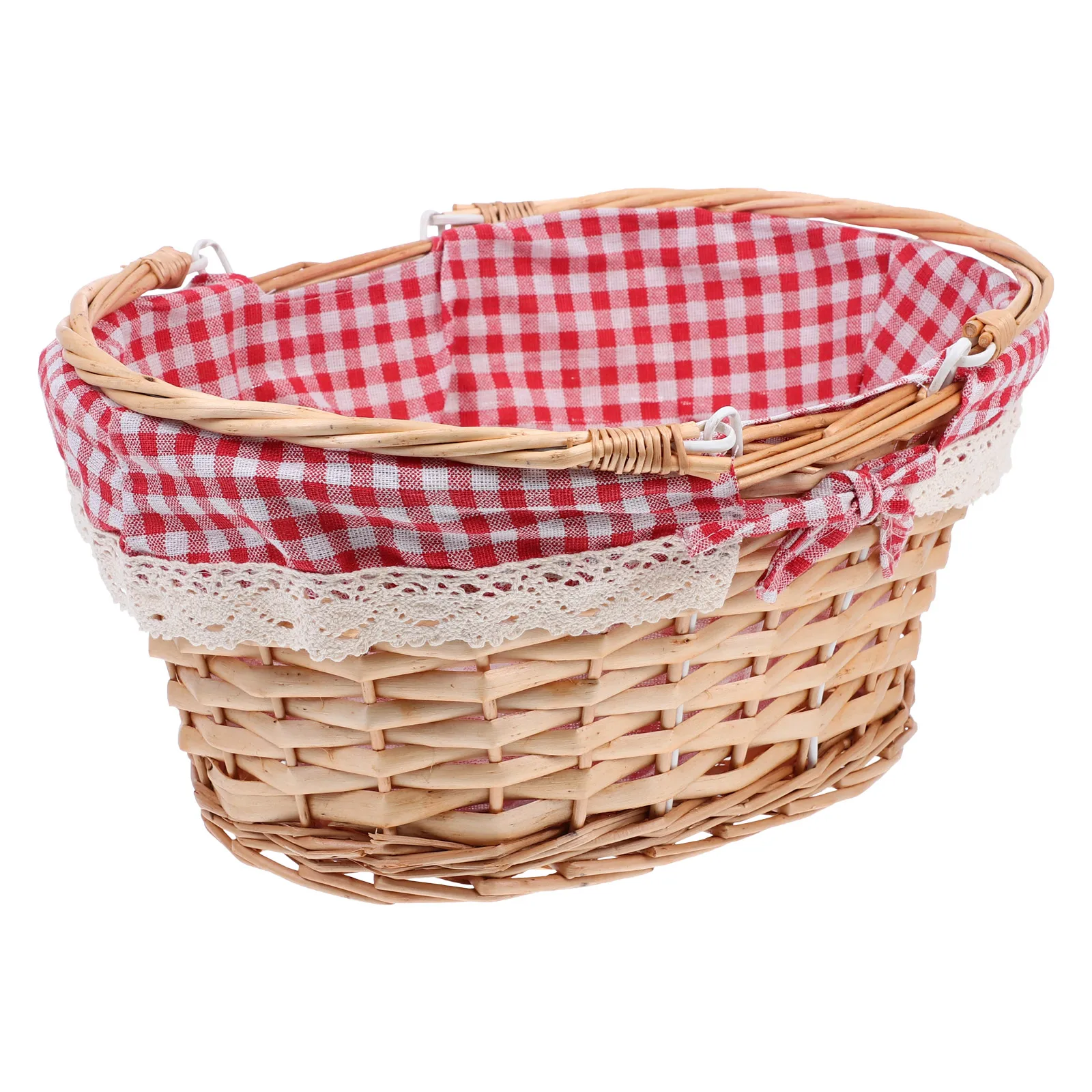 

Woven Picnic Basket Large Natural Red Checkered Cloth Movable Handle Fruit Snacks Storage Home Organization Gardening Decorative