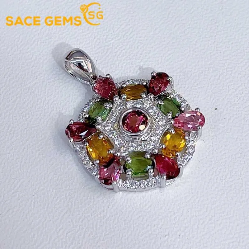 SACEGEMS 925Sterling Silver Certified 3*5MM Natual Tourmaline Pendant Necklaces for Womne Engagement Cocktail Party Fine Jewelry