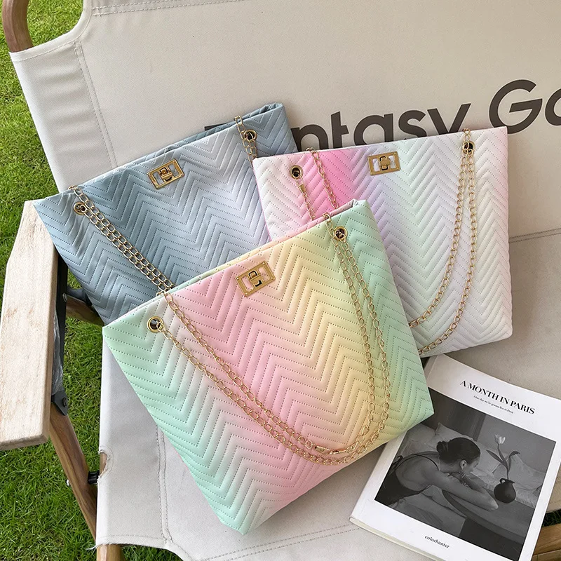 Rainbow colored street trendy shoulder bag, new striped candy colored handbag, minimalist bag top handle tote bags for women