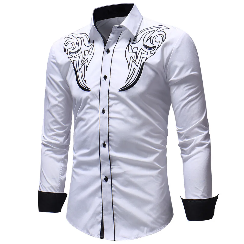 Ocidental cowboy bordados camisas dos homens casual fino ajuste manga longa vestido social camisas de festa dos homens roupas masculinas nova