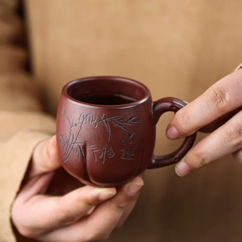 Traditional China Yixing Zisha Tea Cup with Handle - Hand Carved Purple Clay Mug, Chinese Style Tea Set Ornament