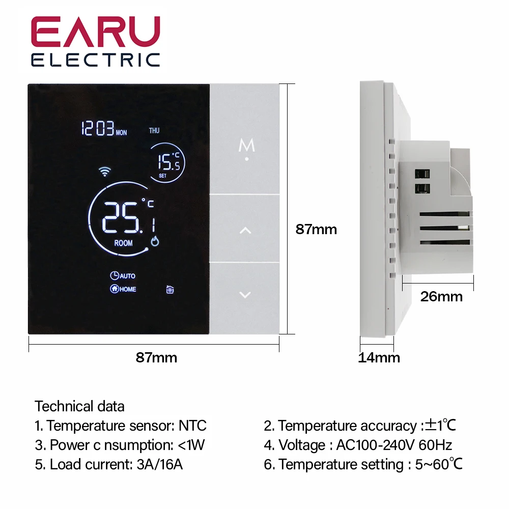 電気床暖房用Wifiサーモスタット,温度コントローラー,LCDディスプレイ,壁取り付け,Tuya,trv,ac 100v-240v,3a,16a