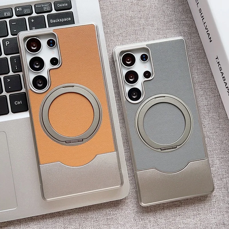 

Титановый чехол из натуральной кожи для Samsung Galaxy S25 S24 S23Ultra с Magsafe 360 ° Поворотная подставка безрамная Защитный корпус