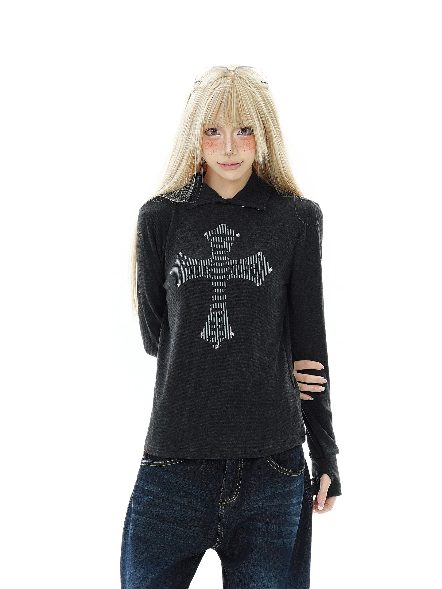 Slim Fit Long Sleeve T-Shirt Women's Autumn New Style American Hot Girl Wind Rivet Cross Collar Top Casual Style Youth Fashion