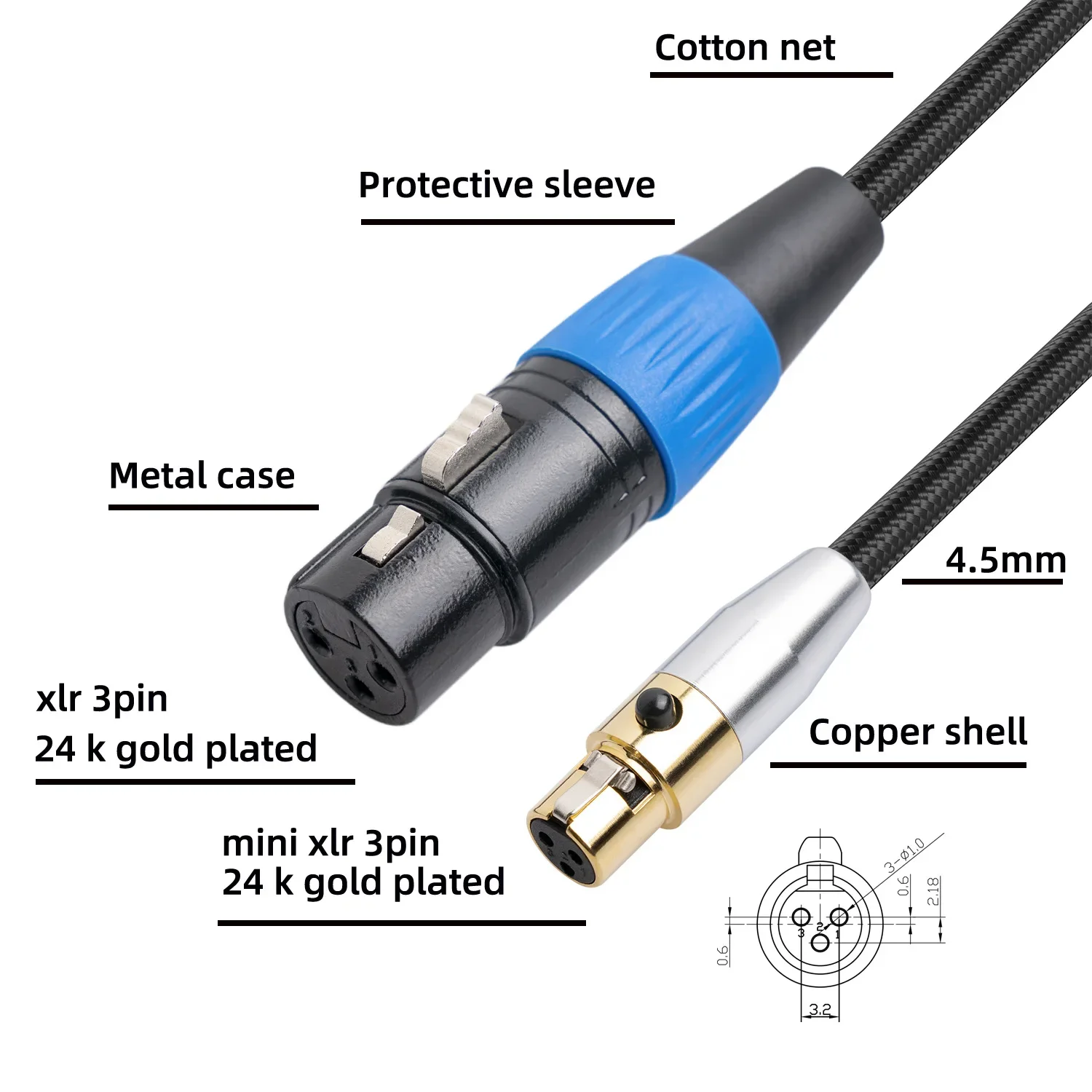 24AWG bi-directional Casing Mini XLR 3Pin Female To 3 Pin XLR Femal Audio Cable For Microphone Cameras Audio Line adapter Cable