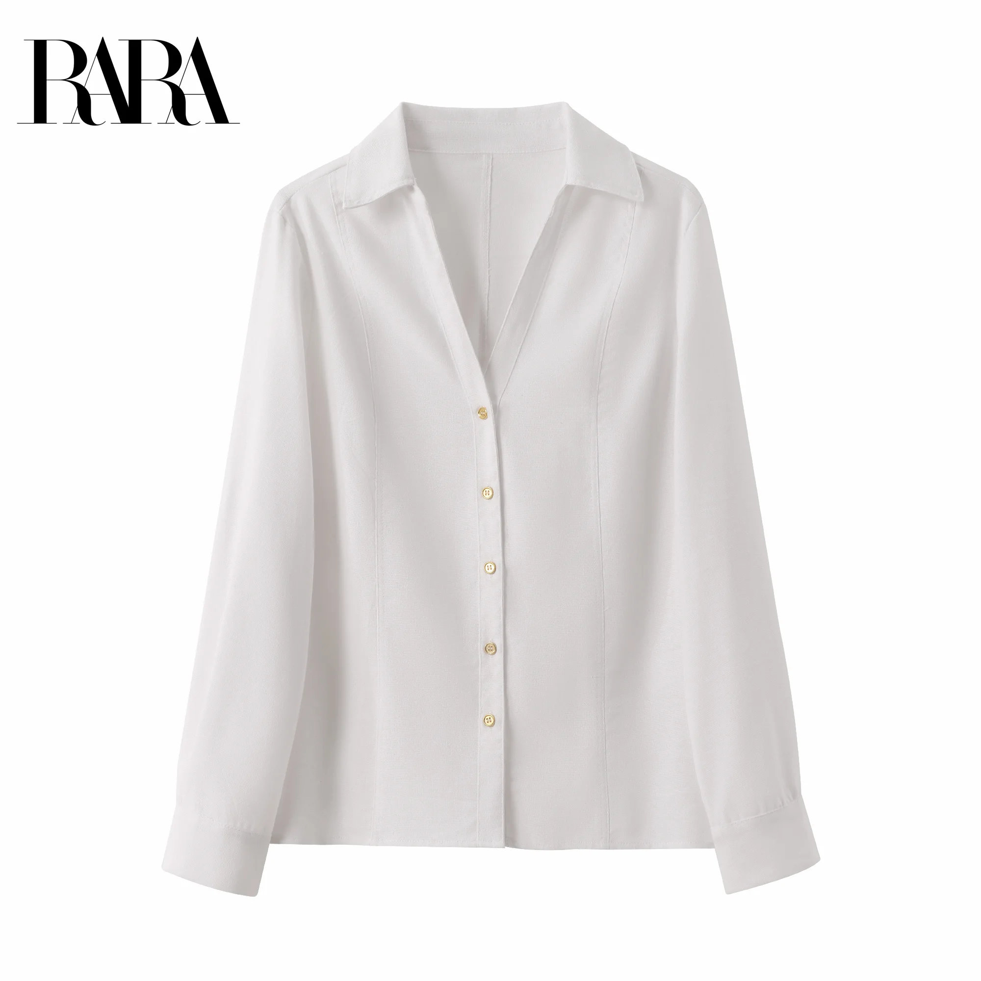 

RARA2025 Womens Summer New Style Roll Up Sleeve Design Casual Loose Minimalist Lapel Versatile Linen Blend Shirt Top