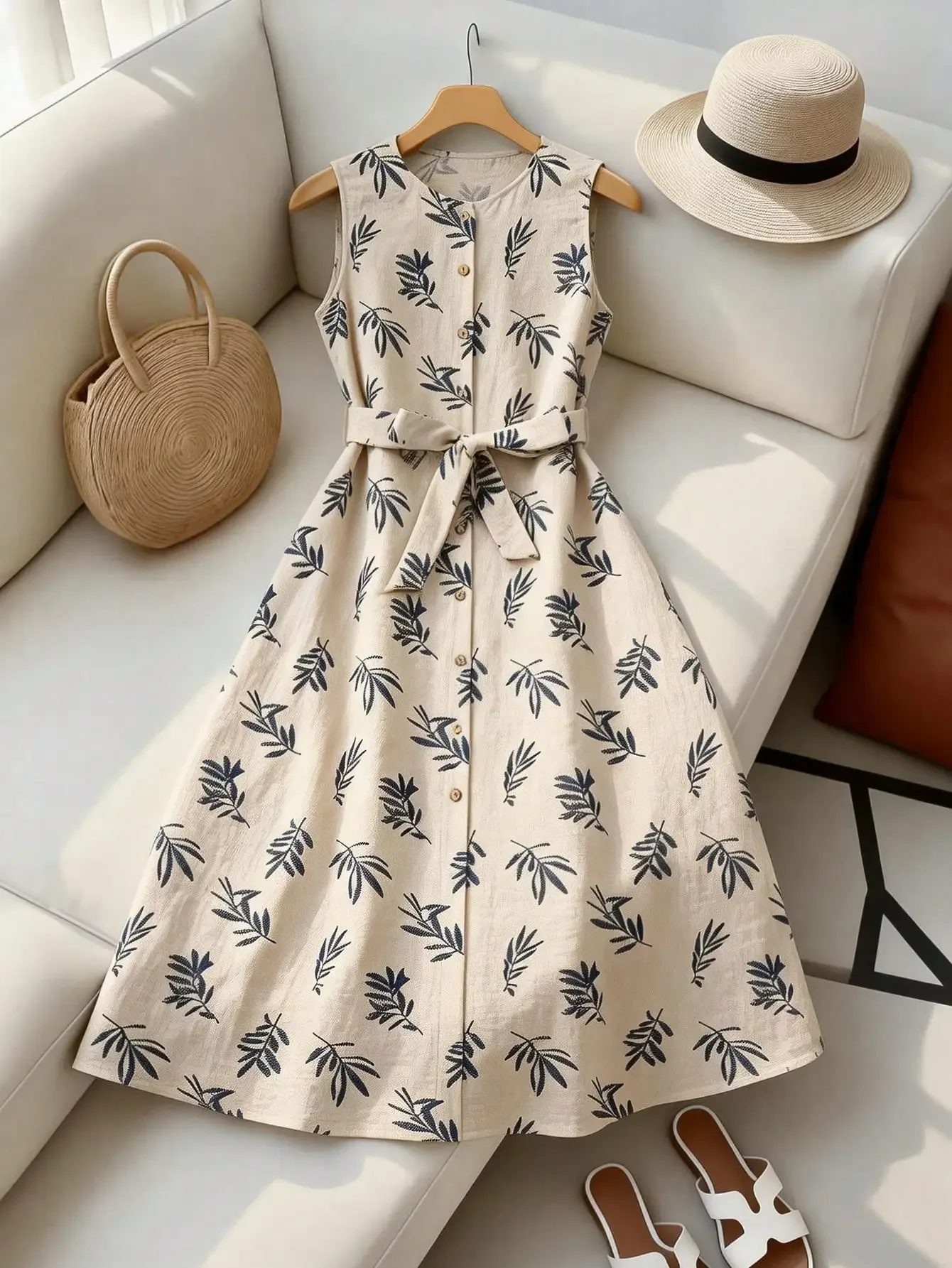 

Women's Casual Sleeveless Dress With Plant Print And Single-Breasted Design Women Dress Pin For Dress Latest Dress