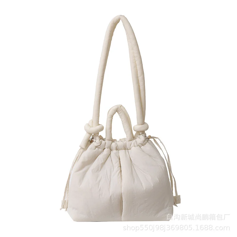 2024 Casual Nylon Padded Tote Bag Vintage Large Capacity Shoulder Bag Women Lady Simple Handbag Drawstring Backpack