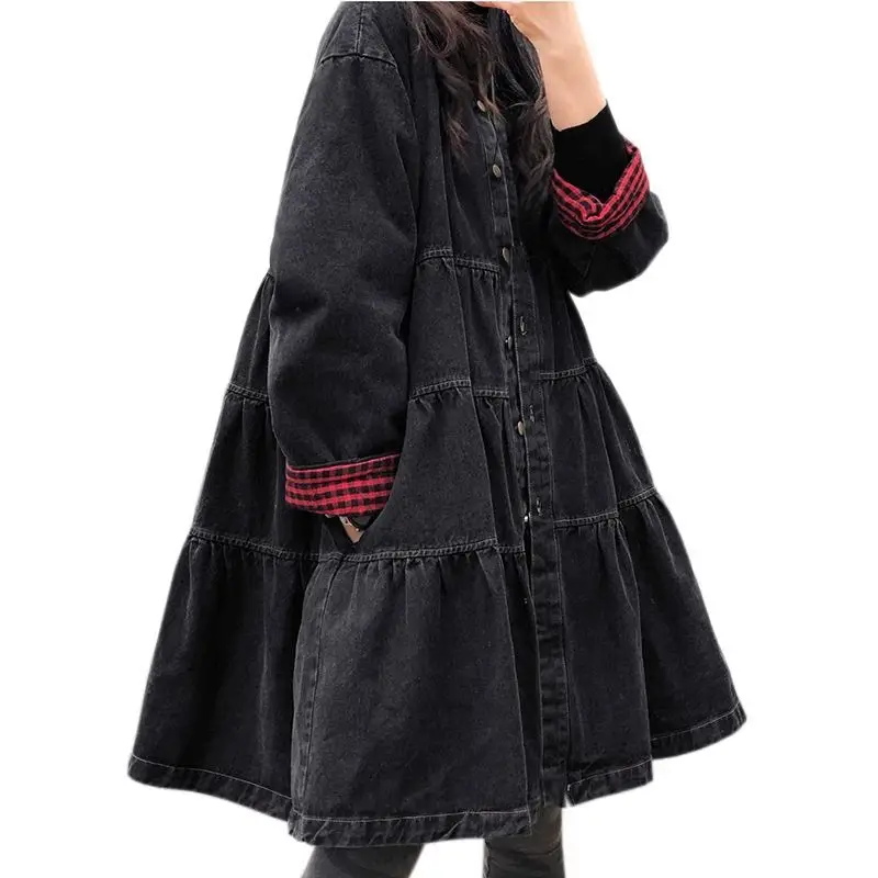 Temperament spring and autumn new Korean Mid-Length denim trench coat women loose Contrast color Windbreaker coat female R559