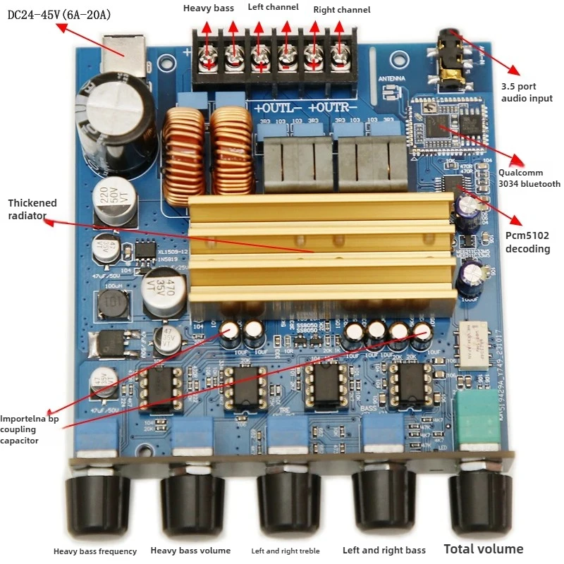 Tpa3223 2.1ハイパワーデジタルフィーバー、ハイファイトーン、Bluetooth 5.1、アンプボード、400w 200x2