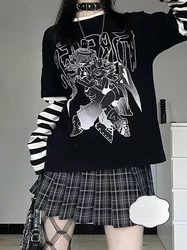 Japanese Harajuk T-shirt Women Casual Spring Long Sleeve Subculture Y2k T Shirts Outwear Gothic Striped Top Vintage Tees Chic