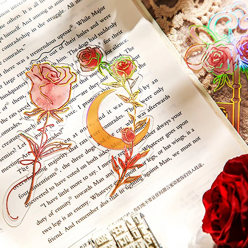 Rose Floral Shaped PVC Bookmarks Flowers Illustrations Waterproof Student Reading Marker Cards Office School Supplies