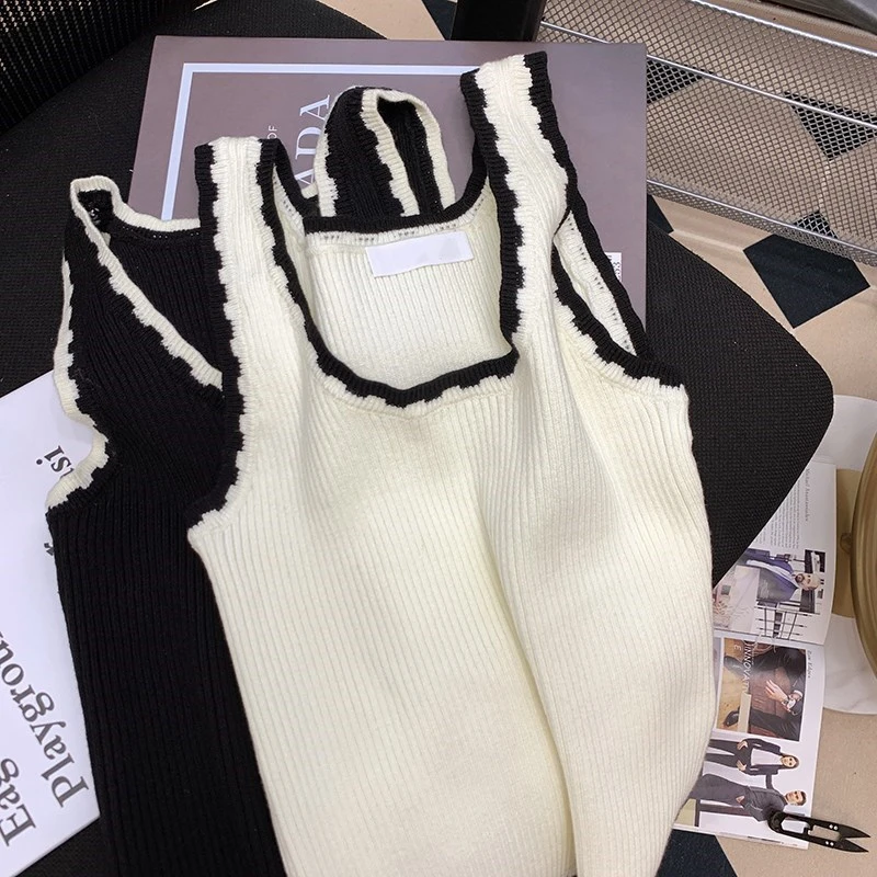 Women Solid U Neck Ribbed Crop Top Women Summer Basic Elastic Exposed Navel Tops Contrast Color Patchwork Mujer Knitted Camisole