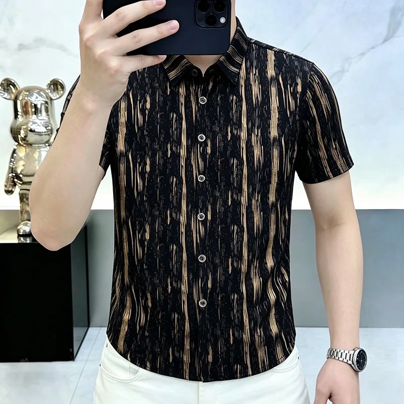 

Summer Striped Tie Dye Short Sleeved Shirt for Men Fashion Slim Fit Casual Shirts Social Business Streetwear Shirt Men Clothing