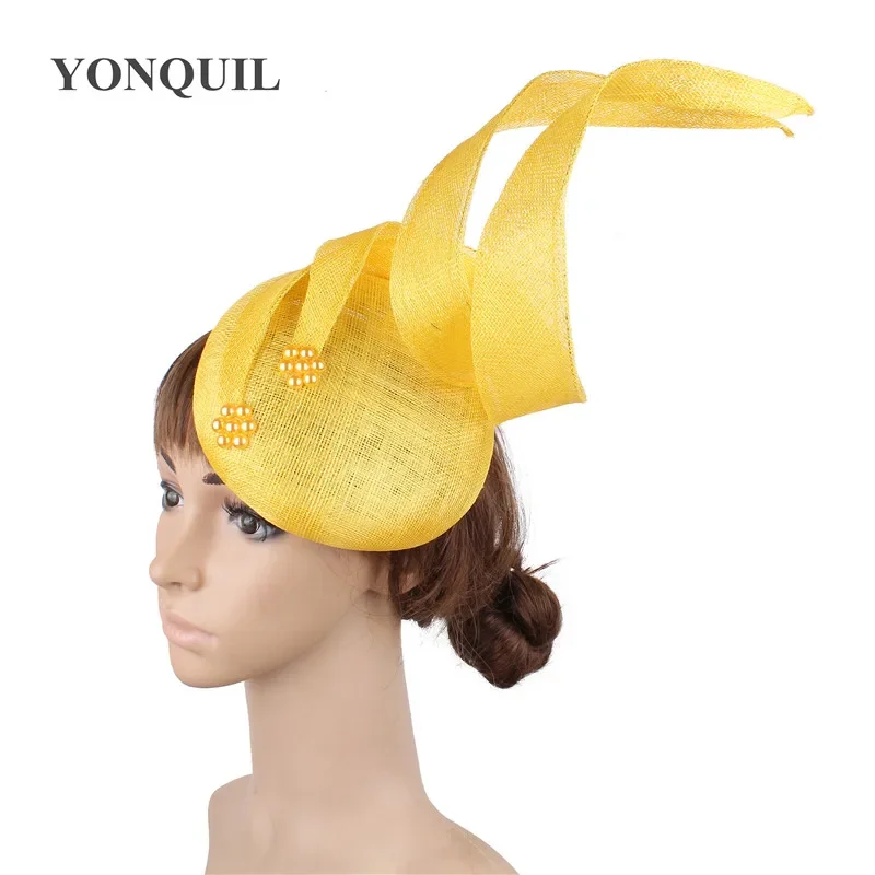 

Yellow Fascinators Millinery Hat Party Tea Chapeau Headband New 4-Layer Sinamay Female Bridal Married Headpiece Fashion Hat